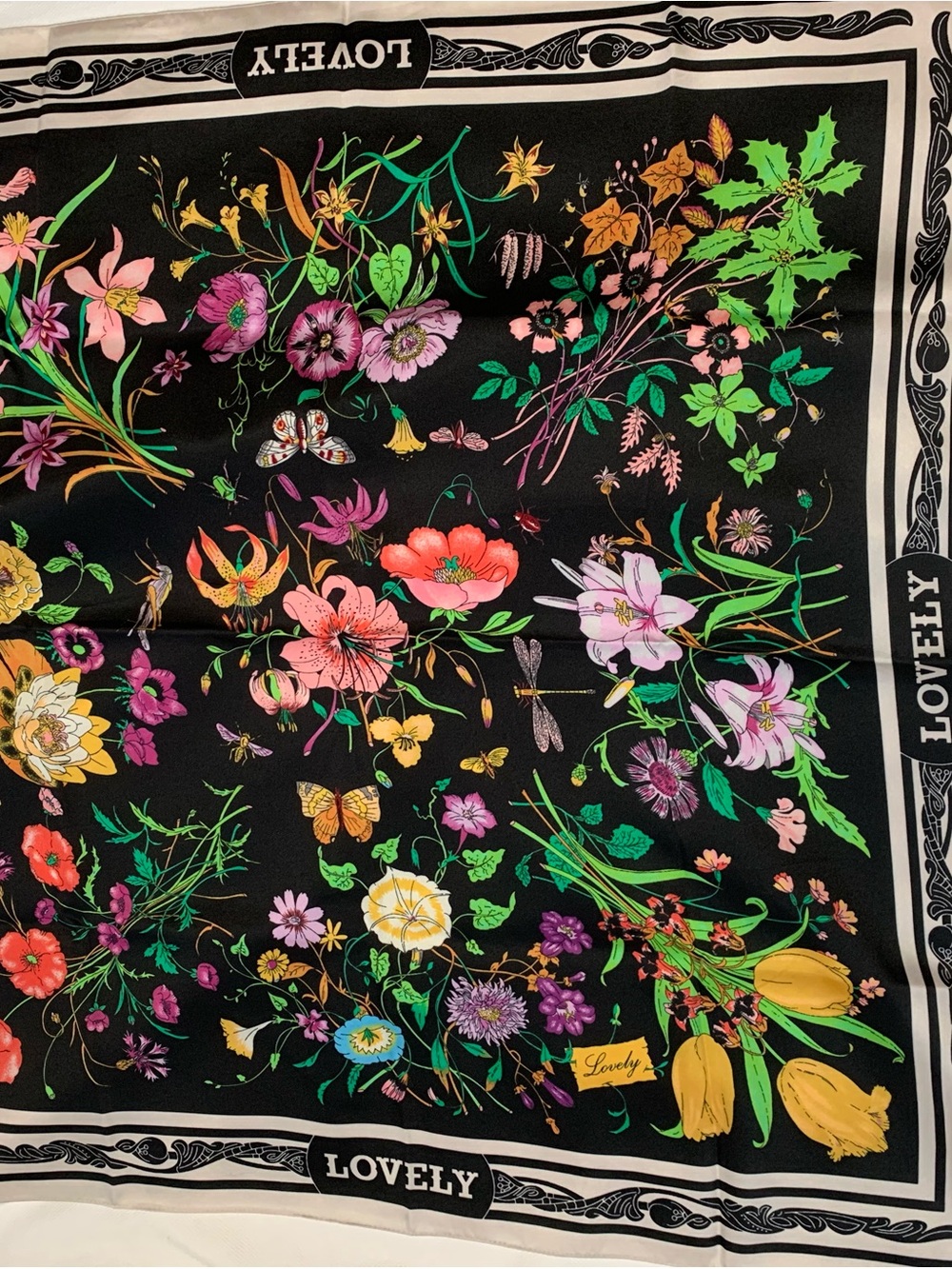 Floral Black Silk-Effect Scarf - Black with Multicolor Blooms